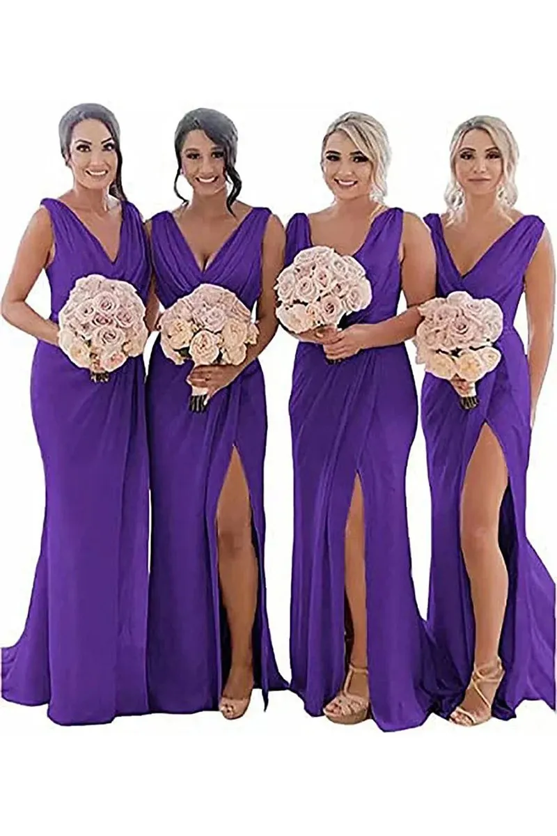 Sheath Chiffon Ruched Long Bridesmaid Dresses with Slit