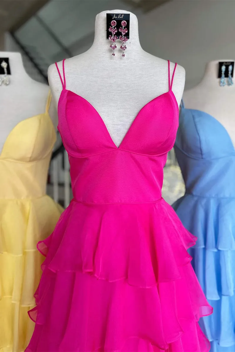 Sheath Hot Pink Chiffon Tiered Prom Dresses 2024 V Neck