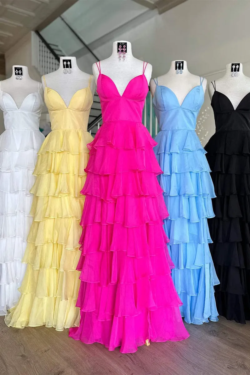 Sheath Hot Pink Chiffon Tiered Prom Dresses 2024 V Neck