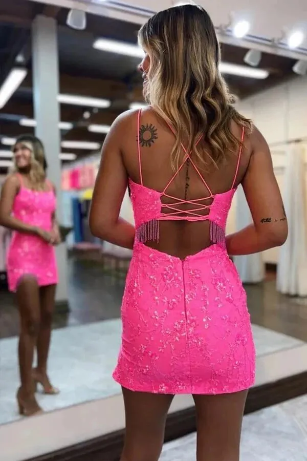 Sheath Hot Pink Sequins Scoop Neck Tight Short Homecoming Dresses, MH656