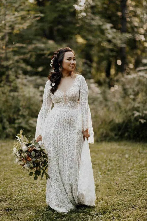 Sheath Long Sleeves Lace up Back Beach Wedding Dresses, Bridal Gown, MW741
