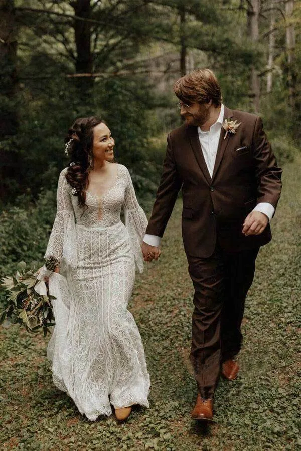 Sheath Long Sleeves Lace up Back Beach Wedding Dresses, Bridal Gown, MW741