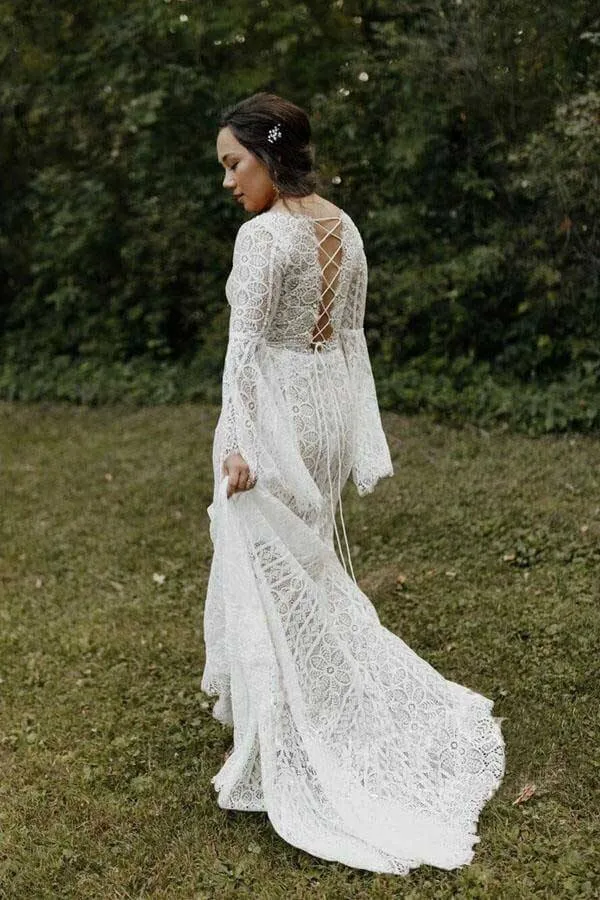 Sheath Long Sleeves Lace up Back Beach Wedding Dresses, Bridal Gown, MW741