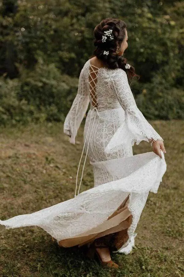 Sheath Long Sleeves Lace up Back Beach Wedding Dresses, Bridal Gown, MW741