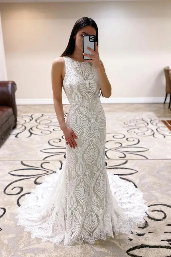 Sheath Open Back Lace Wedding Dresses With Court Train,  Bridal Dresses, MW738