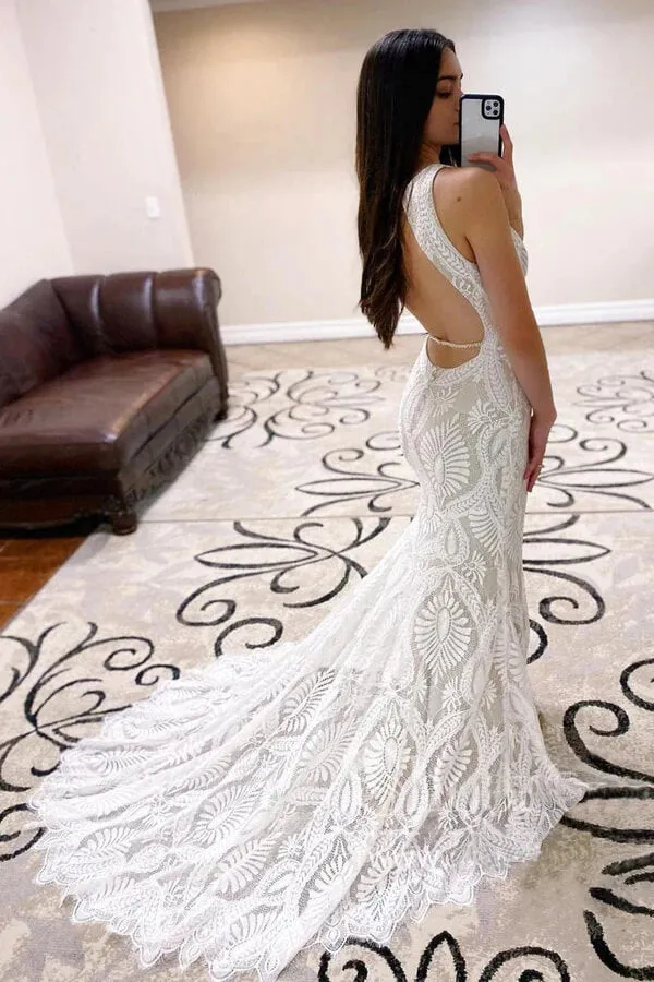 Sheath Open Back Lace Wedding Dresses With Court Train,  Bridal Dresses, MW738