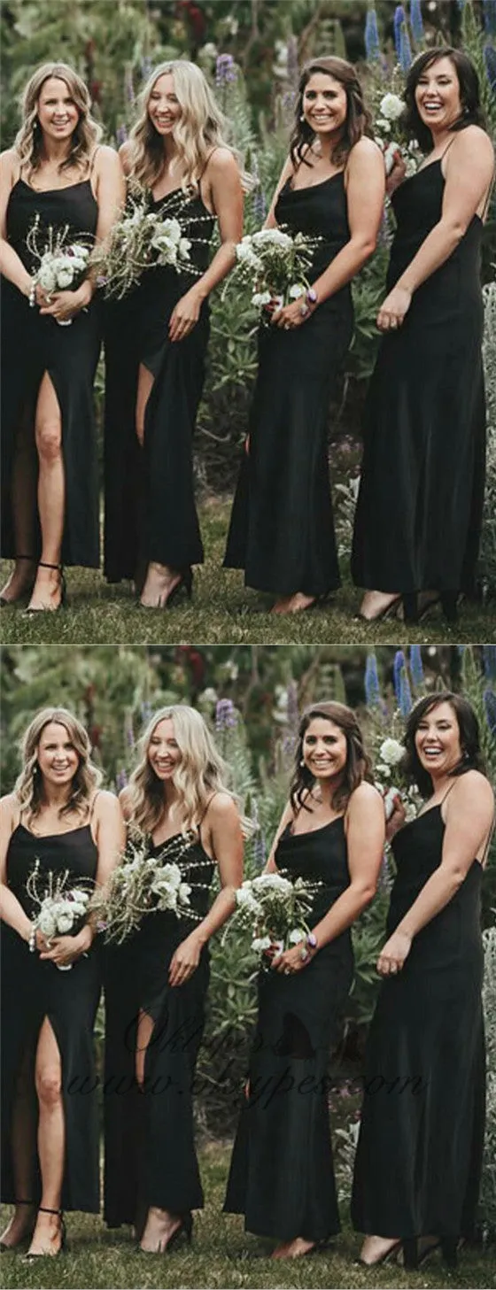 Sheath Spaghetti Straps Black Chiffon Bridesmaid Dresses with Split, TYP1315