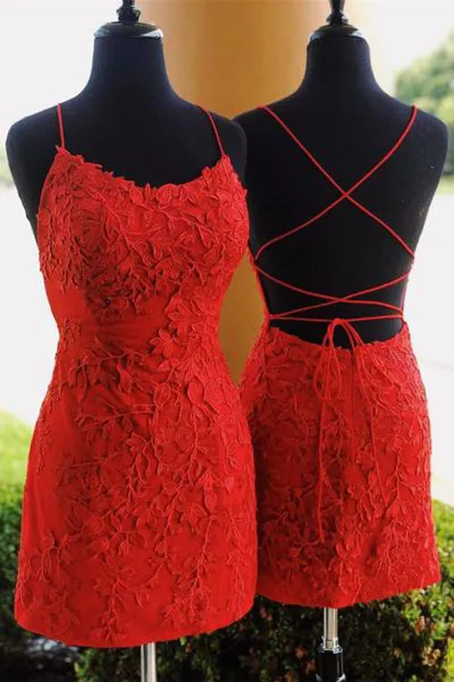 Sheath Spaghetti Straps Cross Back Red Lace Short Homecoming Dresses,MH479