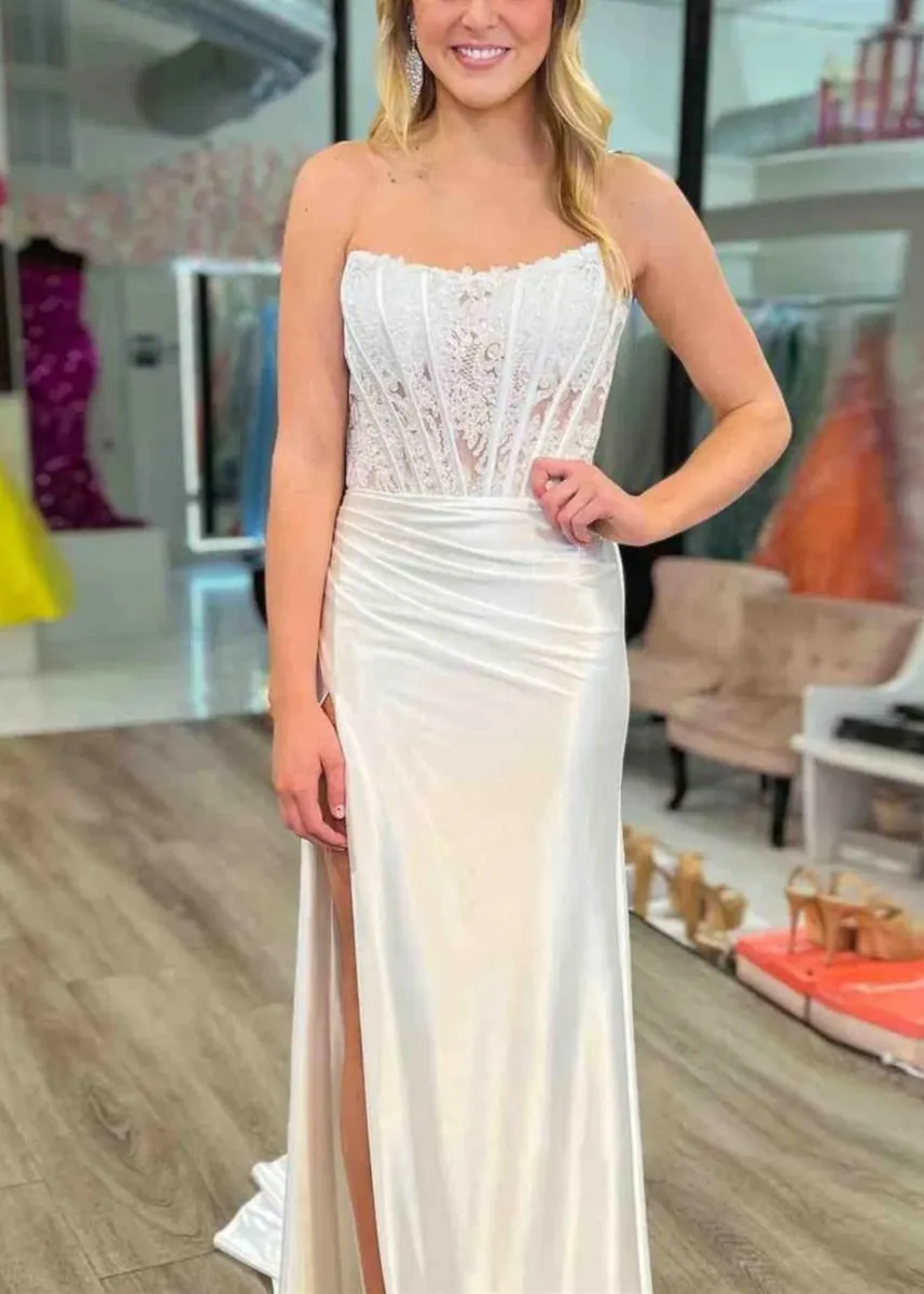 Sheath Strapless Corset Satin Prom Dresses with Slit