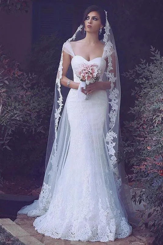 Sheath Tulle Brush Train Sweetheart Wedding Dress With Appliques OKH81