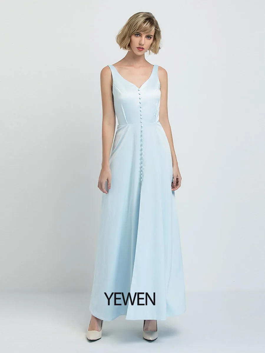Sheath/Column Prom Dresses V-Neck Ankle Length Satin Sleeveless Country Simple