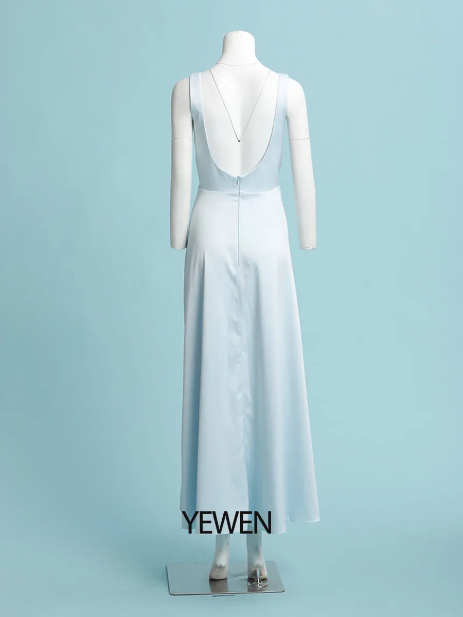 Sheath/Column Prom Dresses V-Neck Ankle Length Satin Sleeveless Country Simple