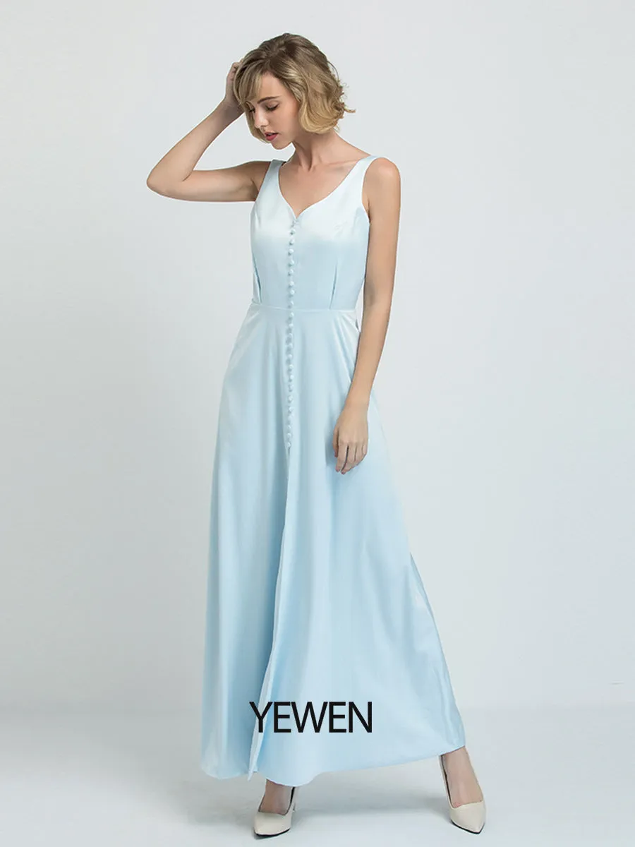 Sheath/Column Prom Dresses V-Neck Ankle Length Satin Sleeveless Country Simple