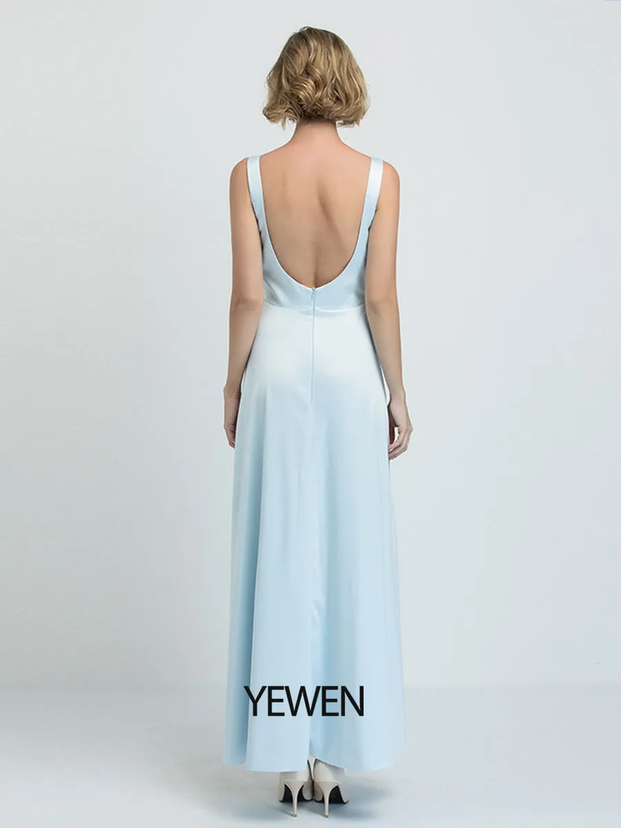 Sheath/Column Prom Dresses V-Neck Ankle Length Satin Sleeveless Country Simple