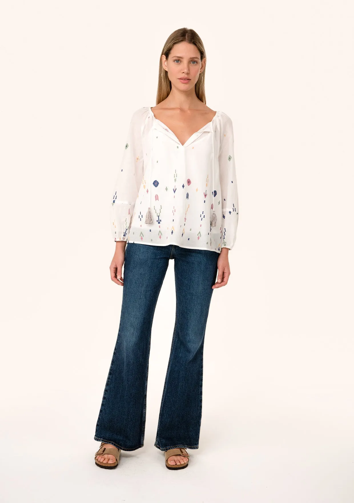 Sheer Embroidered Long Sleeve Tie Neck Blouse