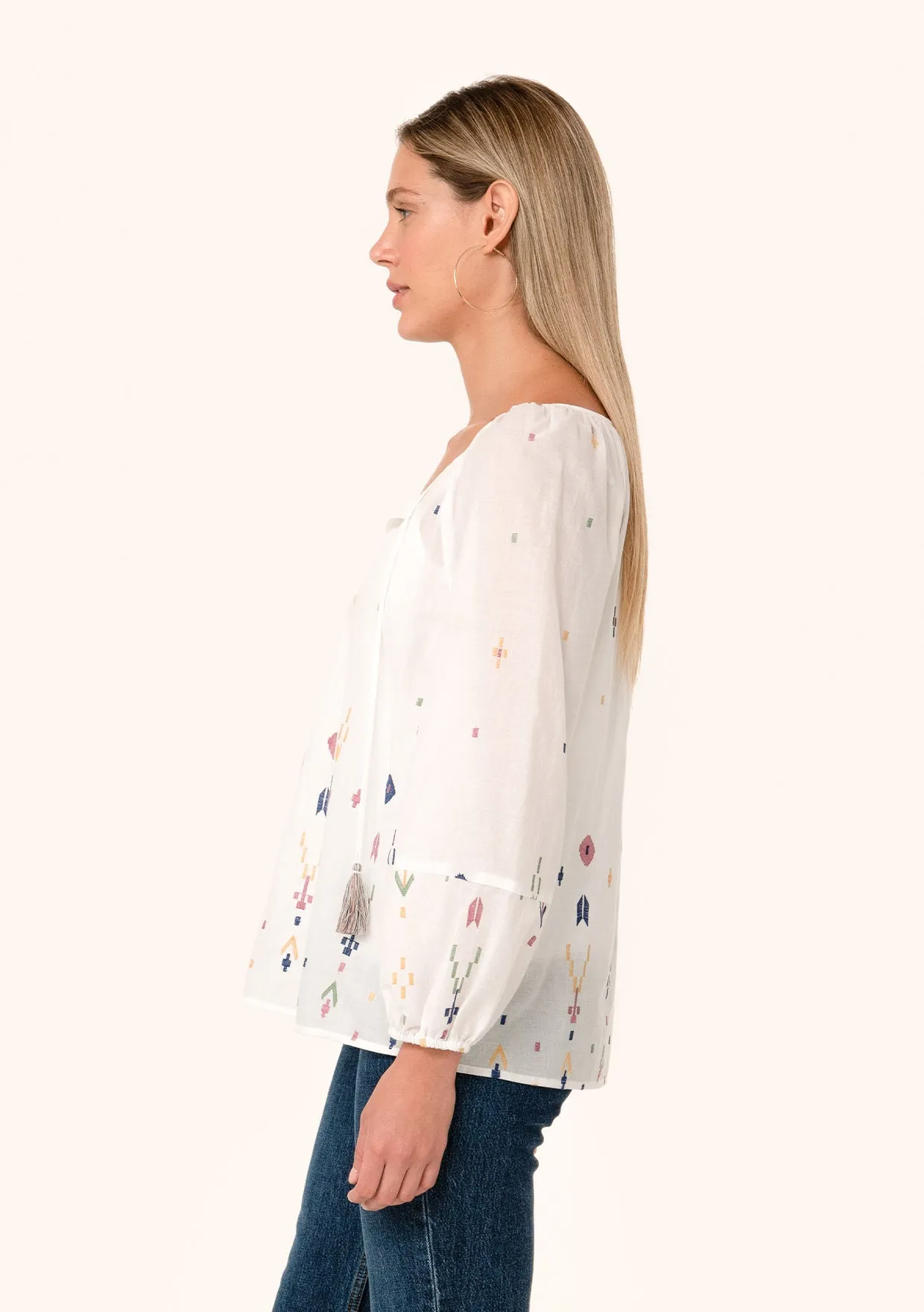 Sheer Embroidered Long Sleeve Tie Neck Blouse