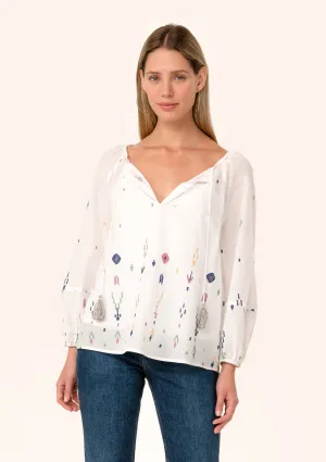 Sheer Embroidered Long Sleeve Tie Neck Blouse