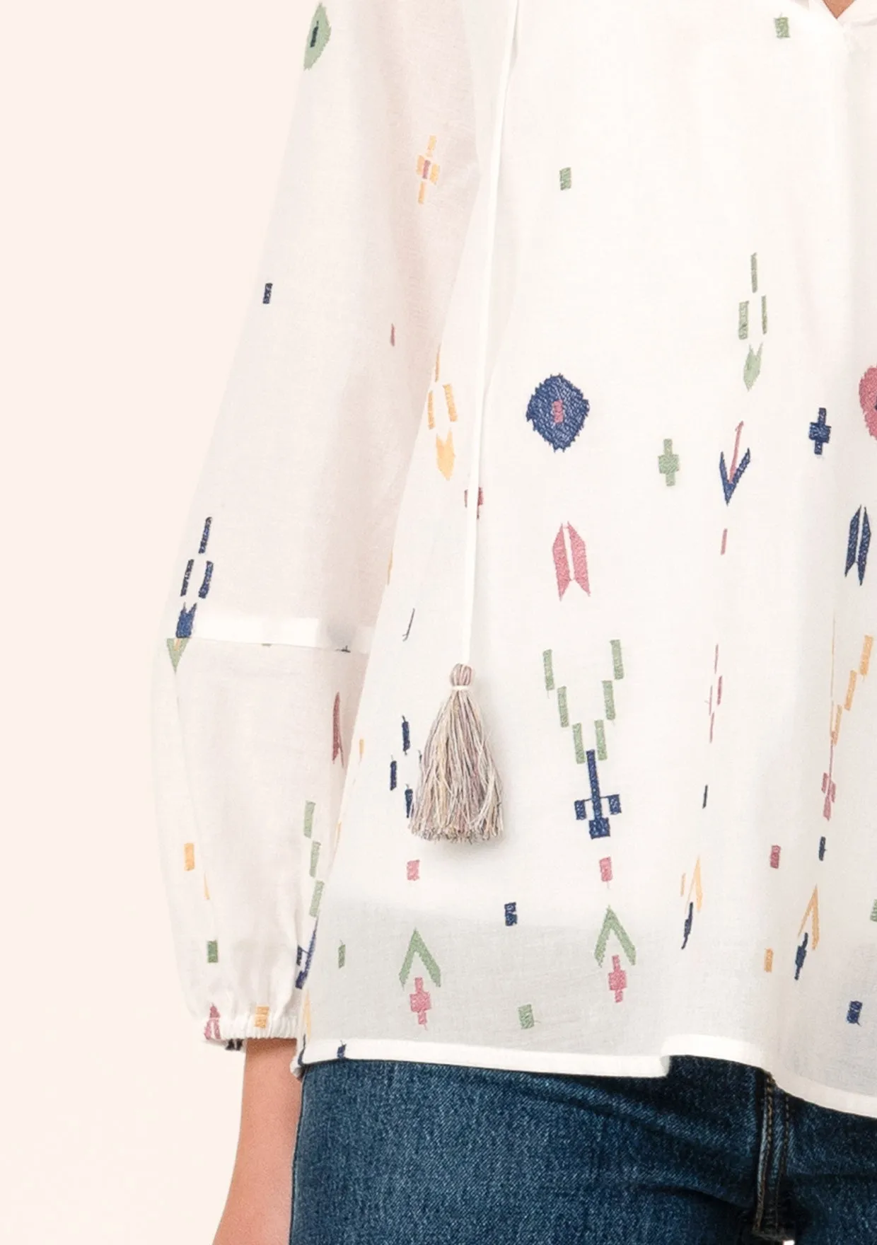 Sheer Embroidered Long Sleeve Tie Neck Blouse