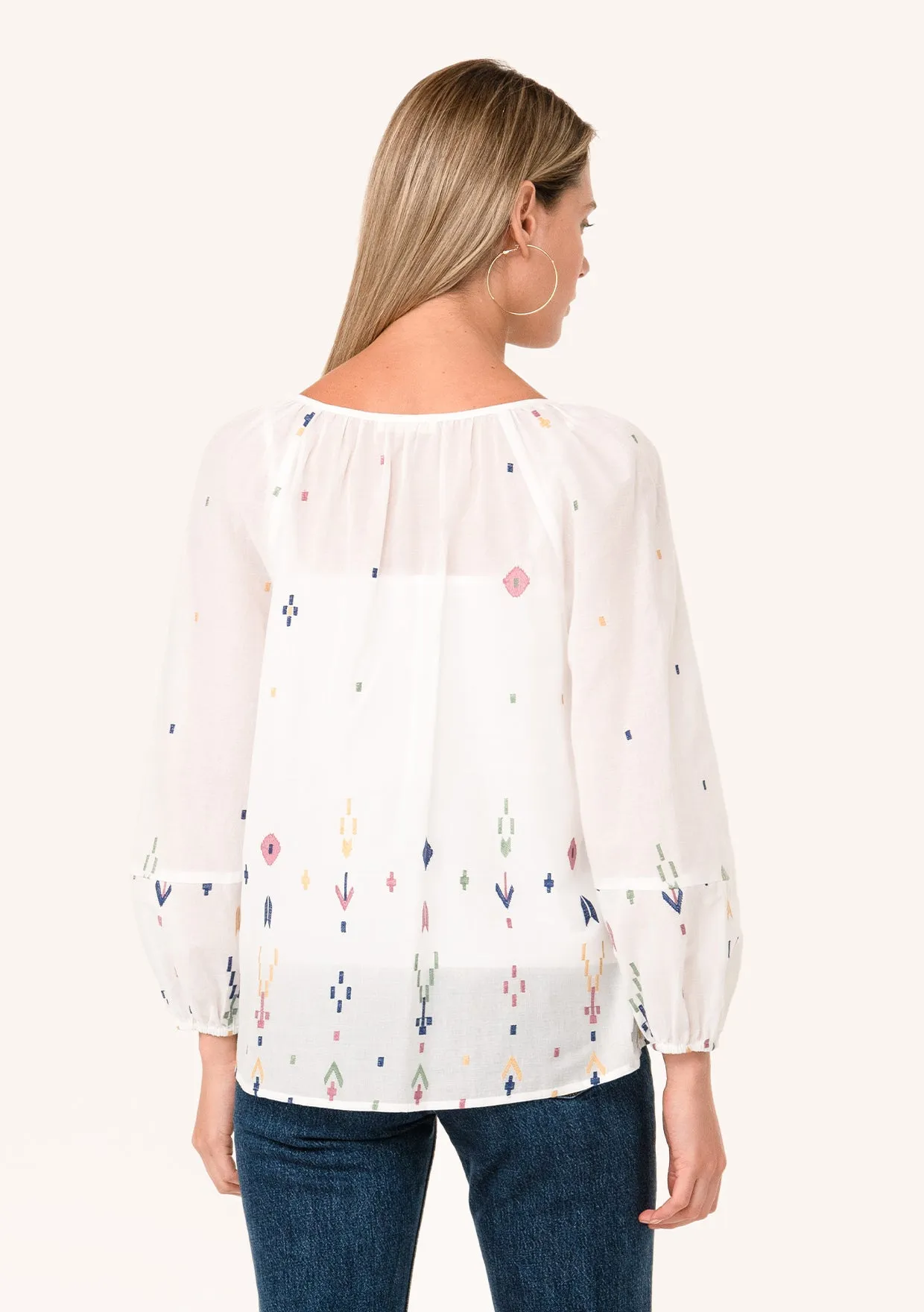 Sheer Embroidered Long Sleeve Tie Neck Blouse