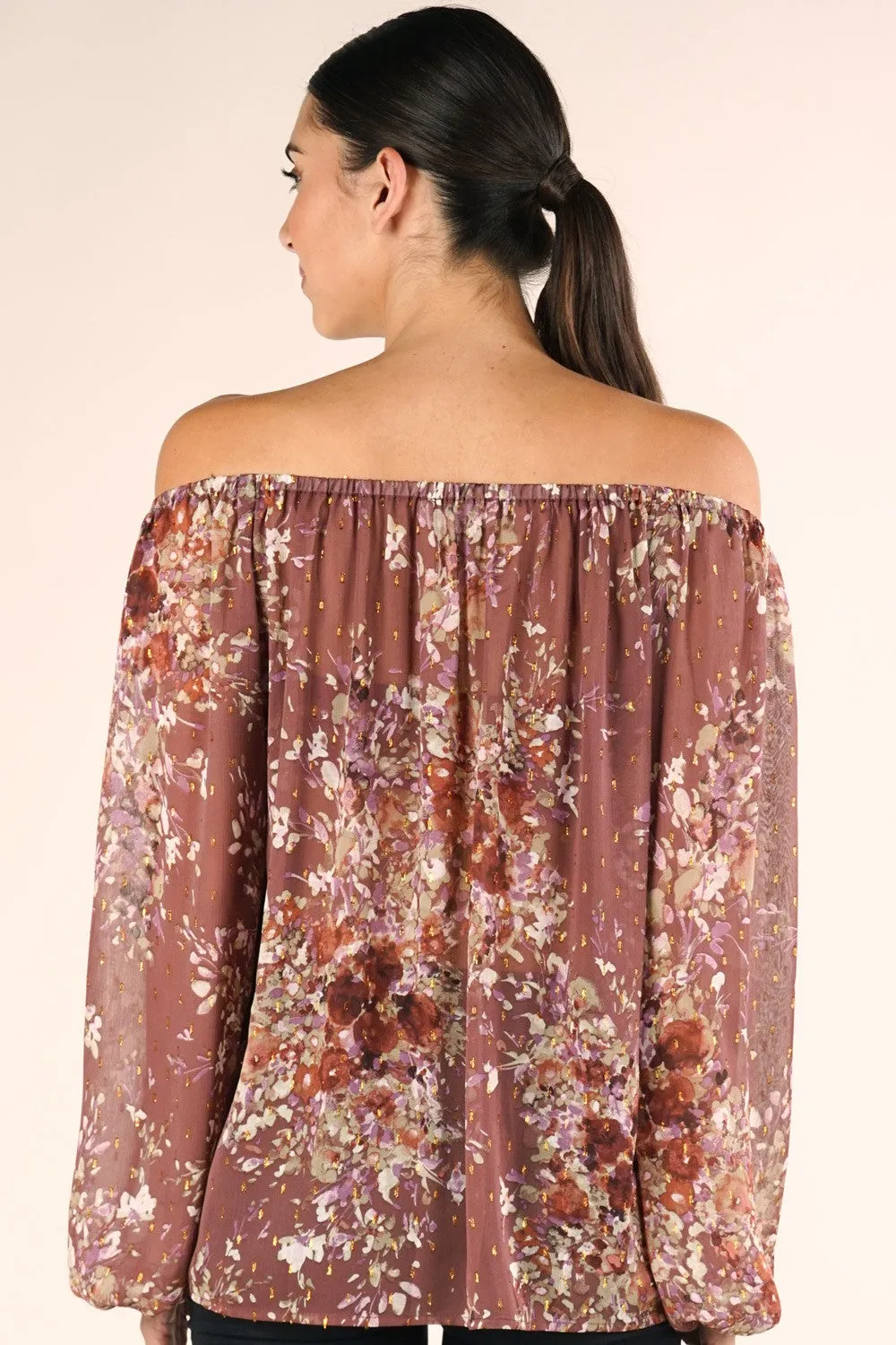 Sheer Floral Print Peasant Long Sleeve Top
