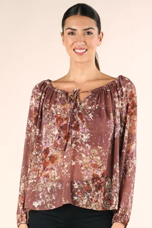 Sheer Floral Print Peasant Long Sleeve Top