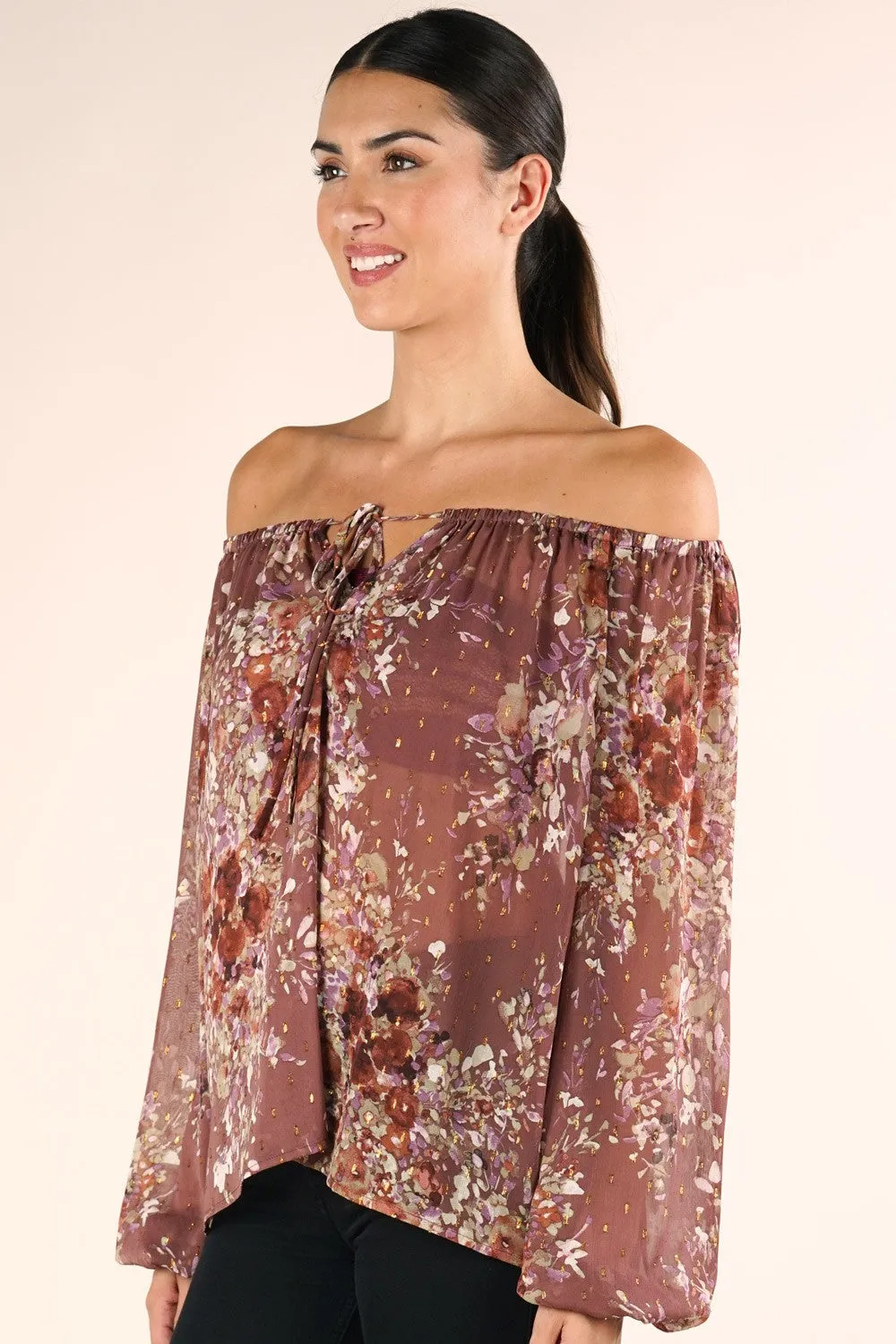 Sheer Floral Print Peasant Long Sleeve Top