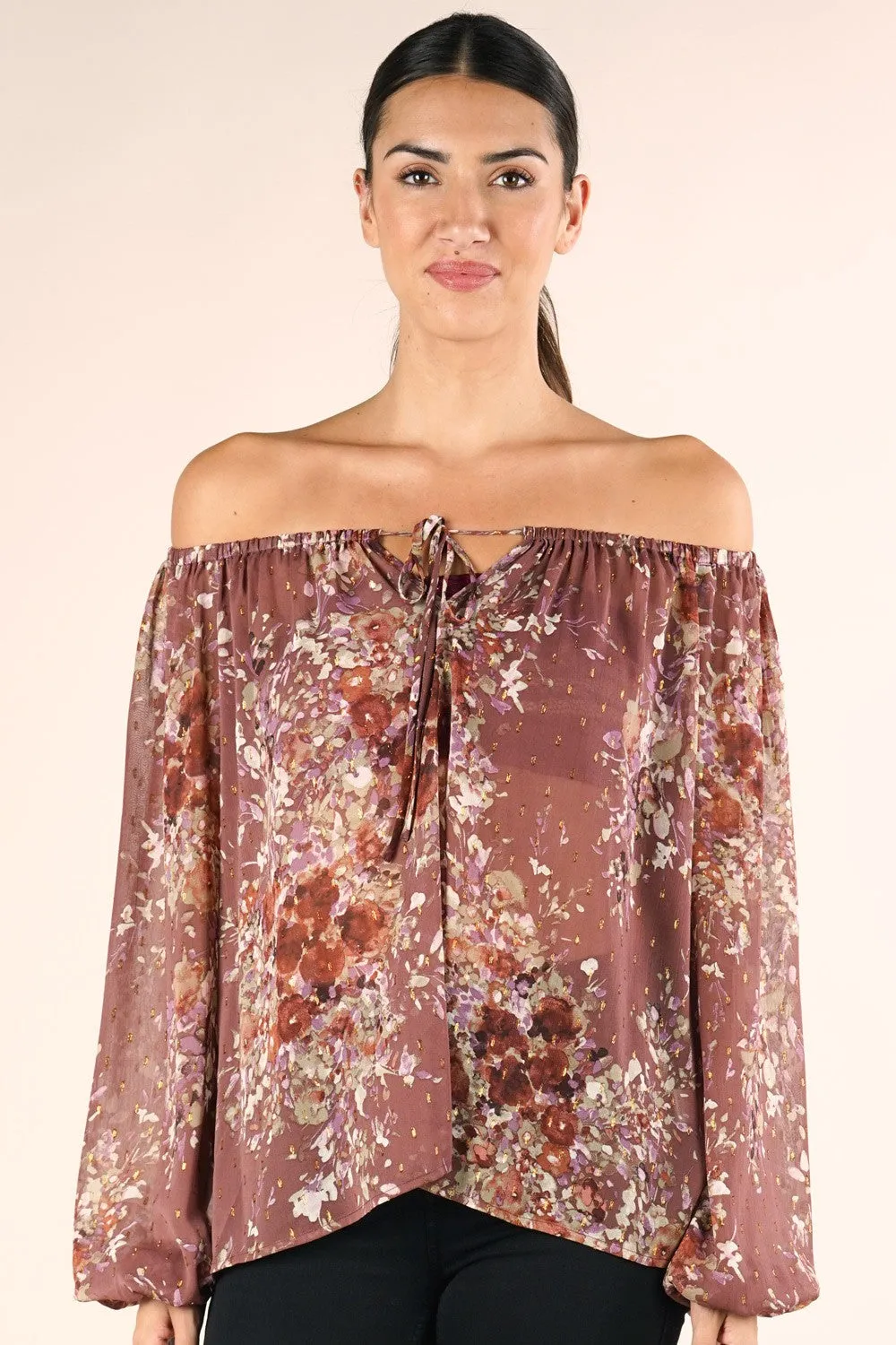 Sheer Floral Print Peasant Long Sleeve Top