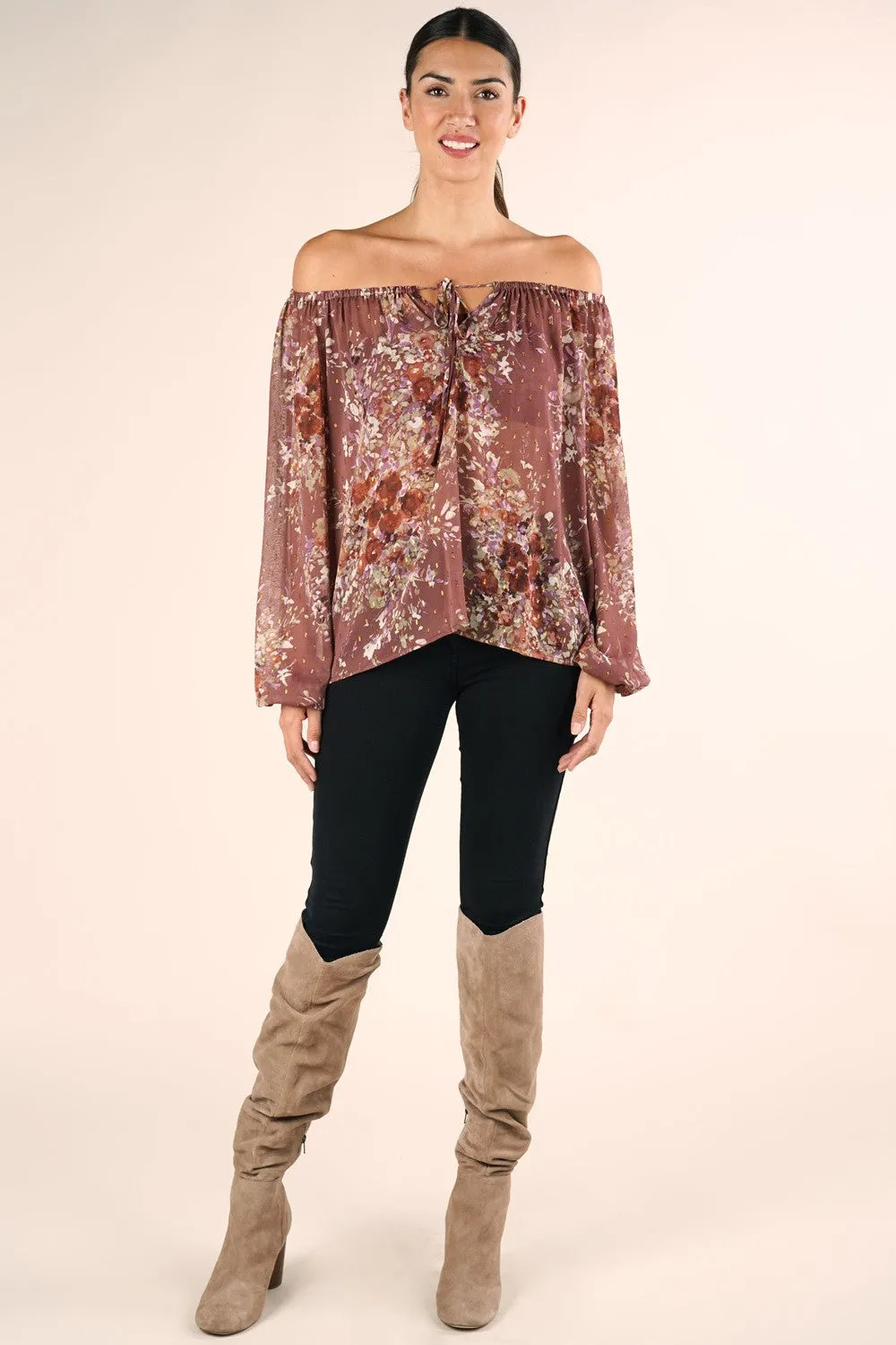 Sheer Floral Print Peasant Long Sleeve Top