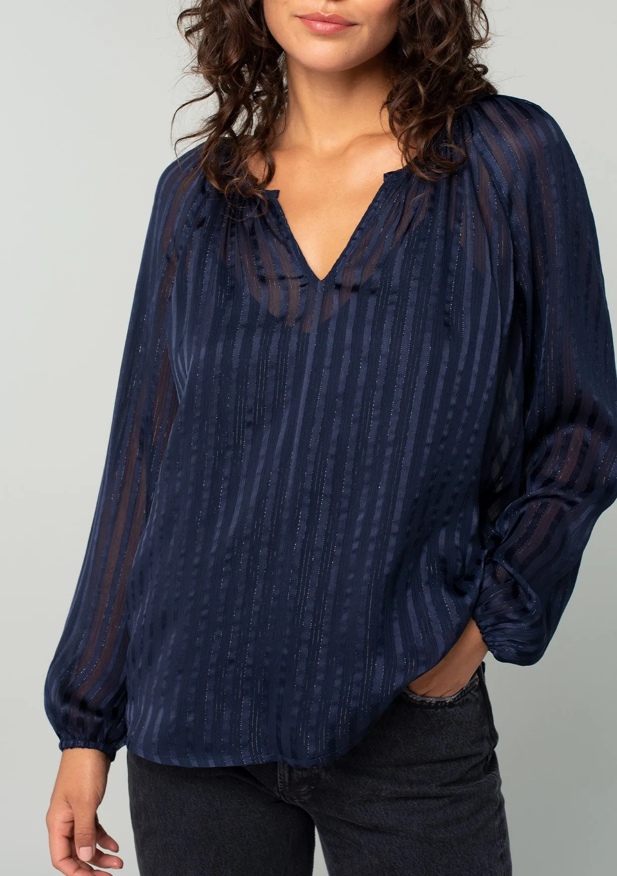 Sheer Metallic Striped Long Sleeve Blouse