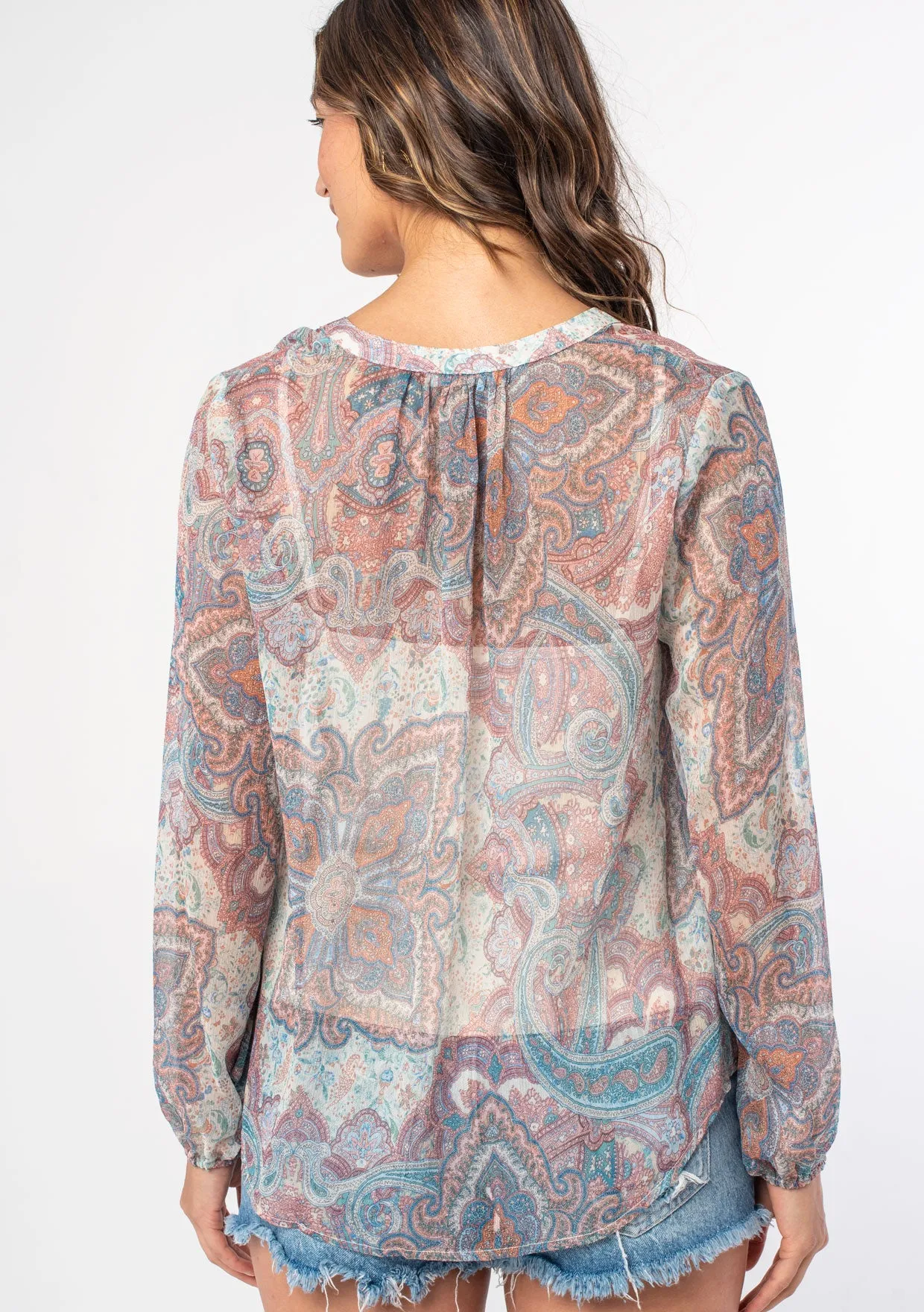 Sheer Paisley Print Long Sleeve Blouse