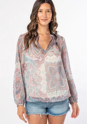 Sheer Paisley Print Long Sleeve Blouse