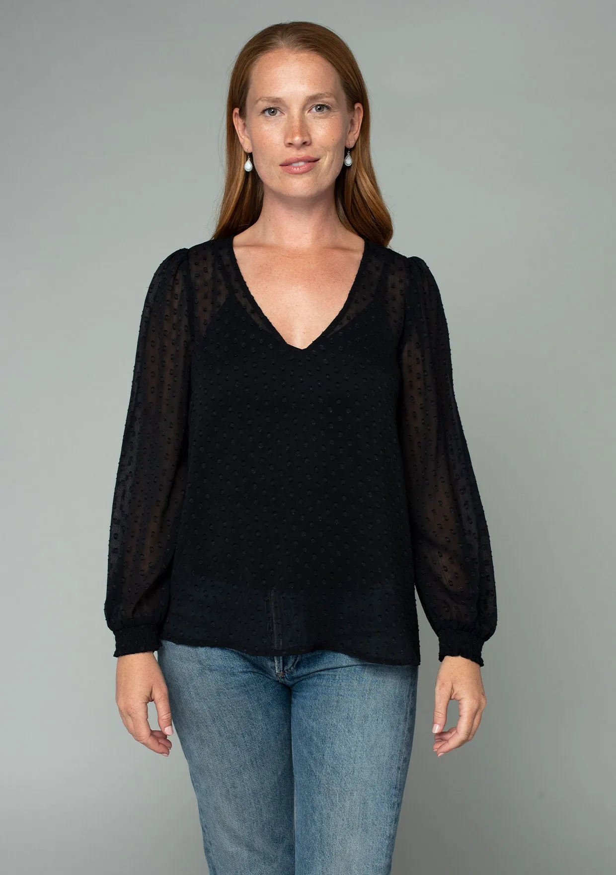 Sheer Swiss Dot Long Sleeve V Neck Blouse