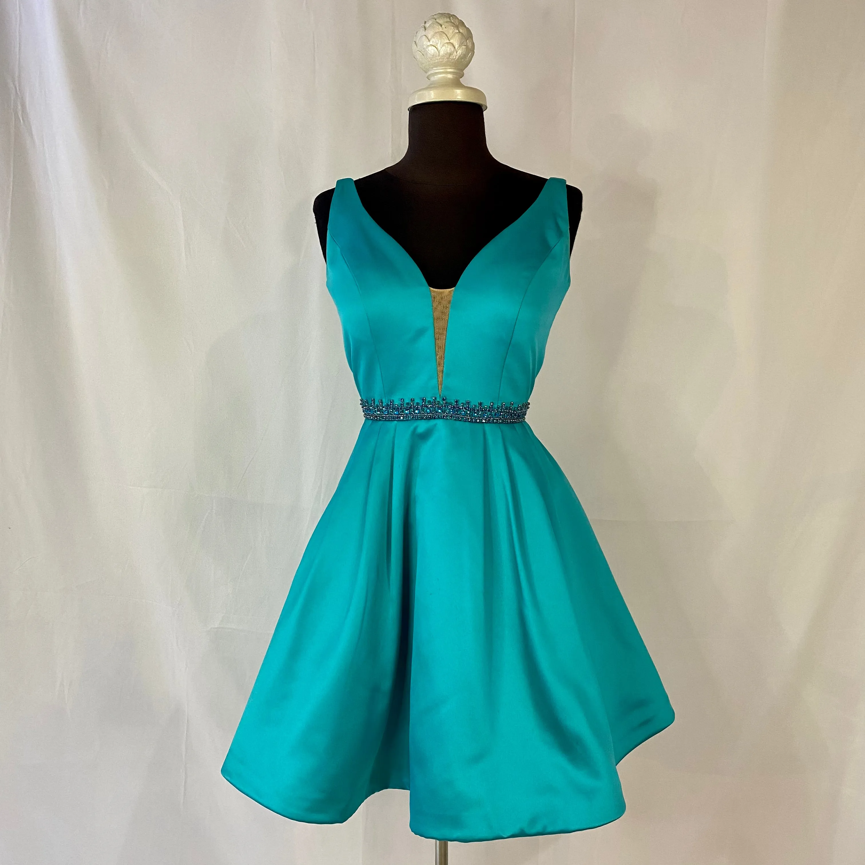 SHERRI HILL 50495 Turquoise Satin A-line Cocktail with Deep V neck & Beaded Belt Dress Size 6