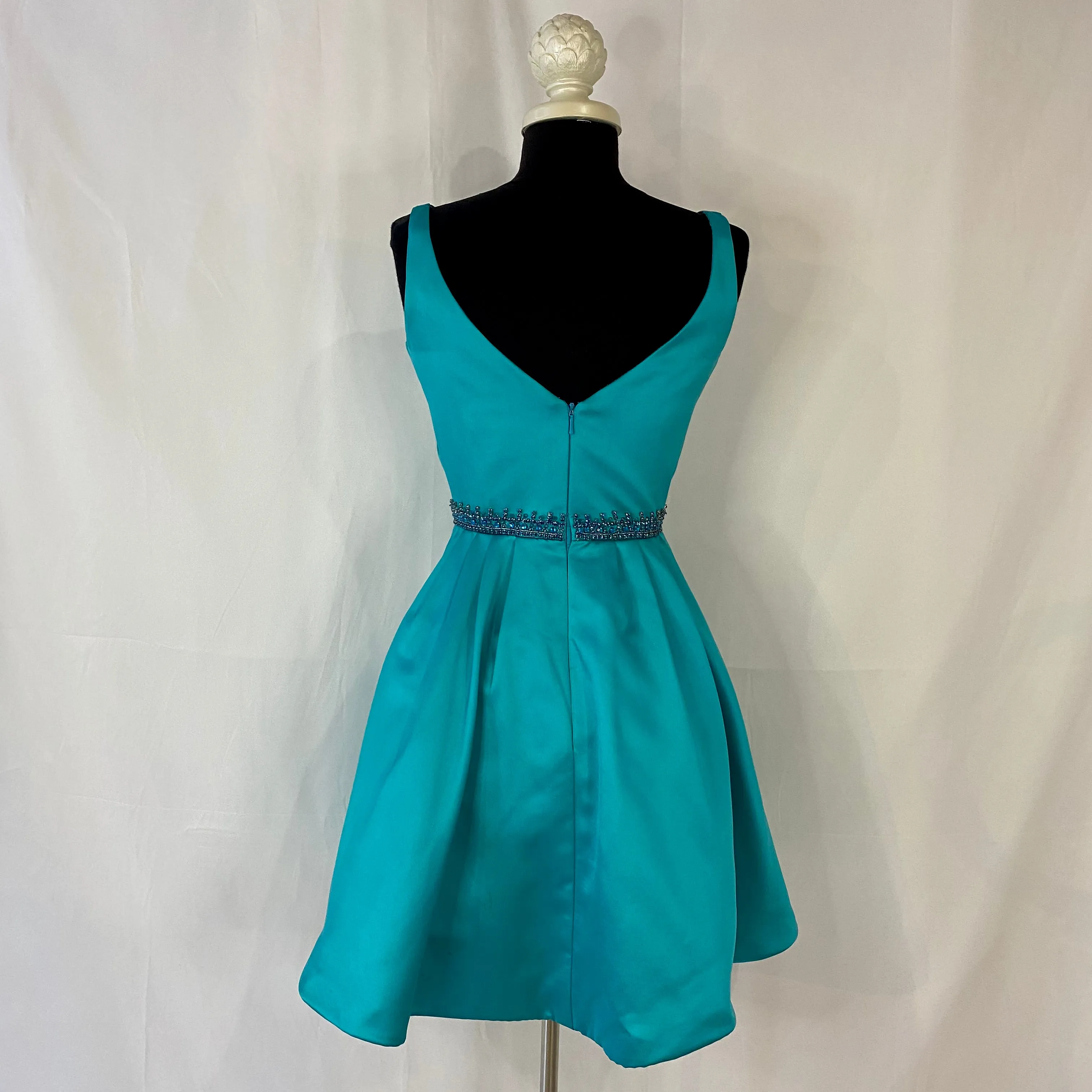 SHERRI HILL 50495 Turquoise Satin A-line Cocktail with Deep V neck & Beaded Belt Dress Size 6