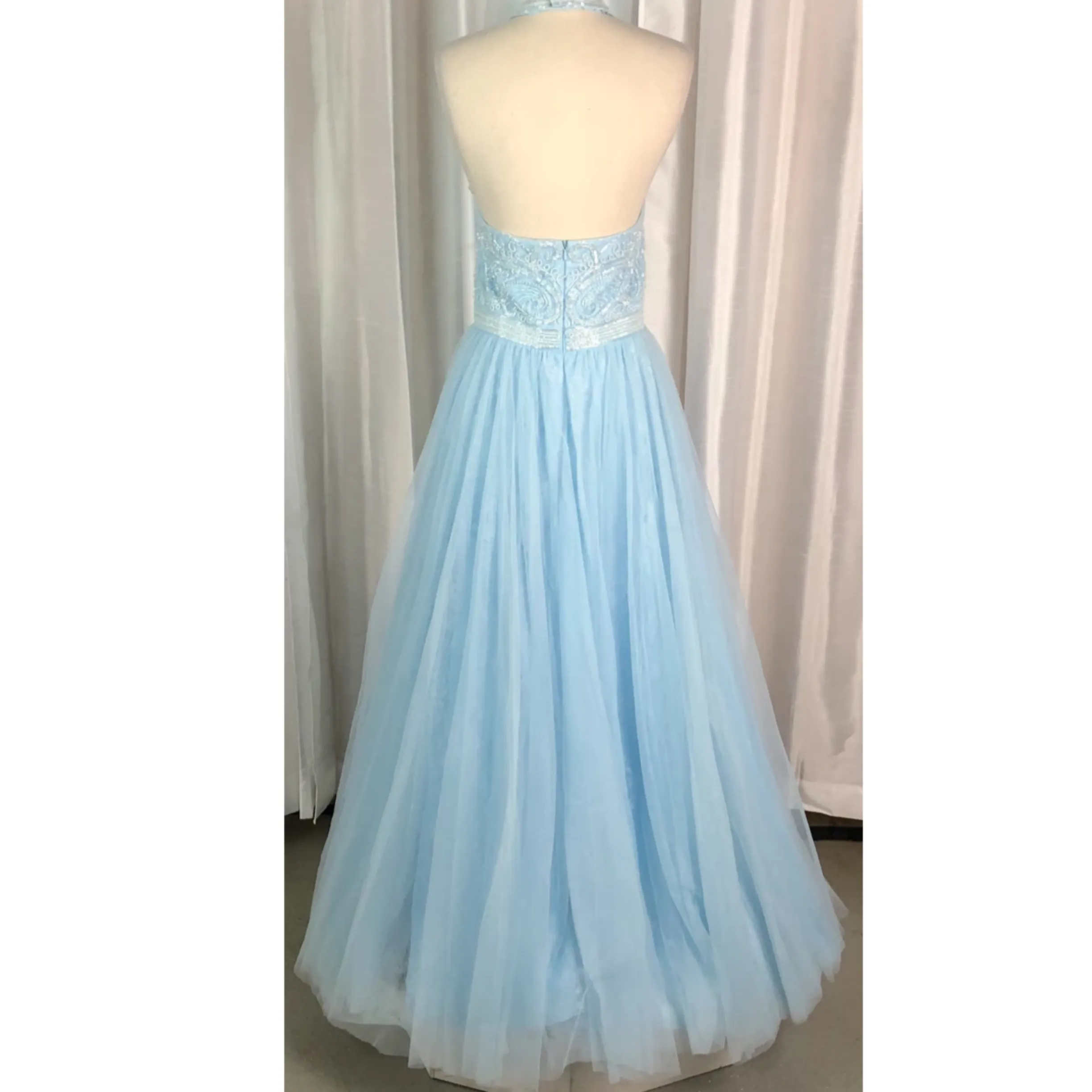SHERRI HILL 50859 Light Blue V-Neck Satin with Ivory Beaded Bodice Dress Size 16