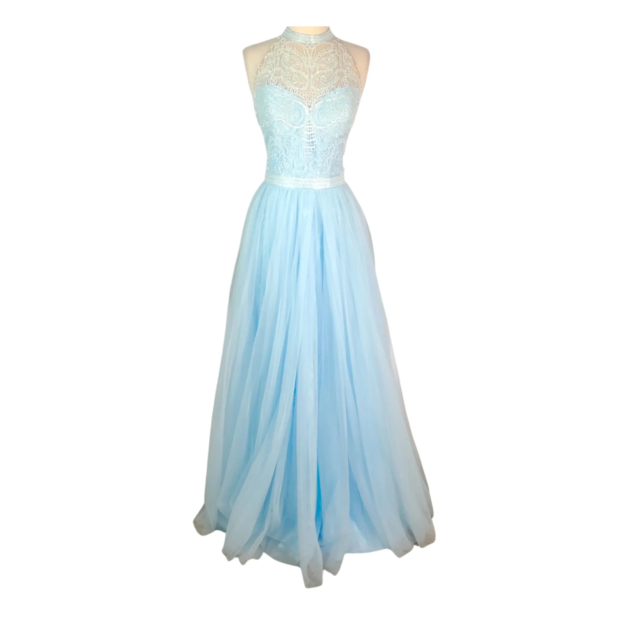 SHERRI HILL 50859 Light Blue V-Neck Satin with Ivory Beaded Bodice Dress Size 16