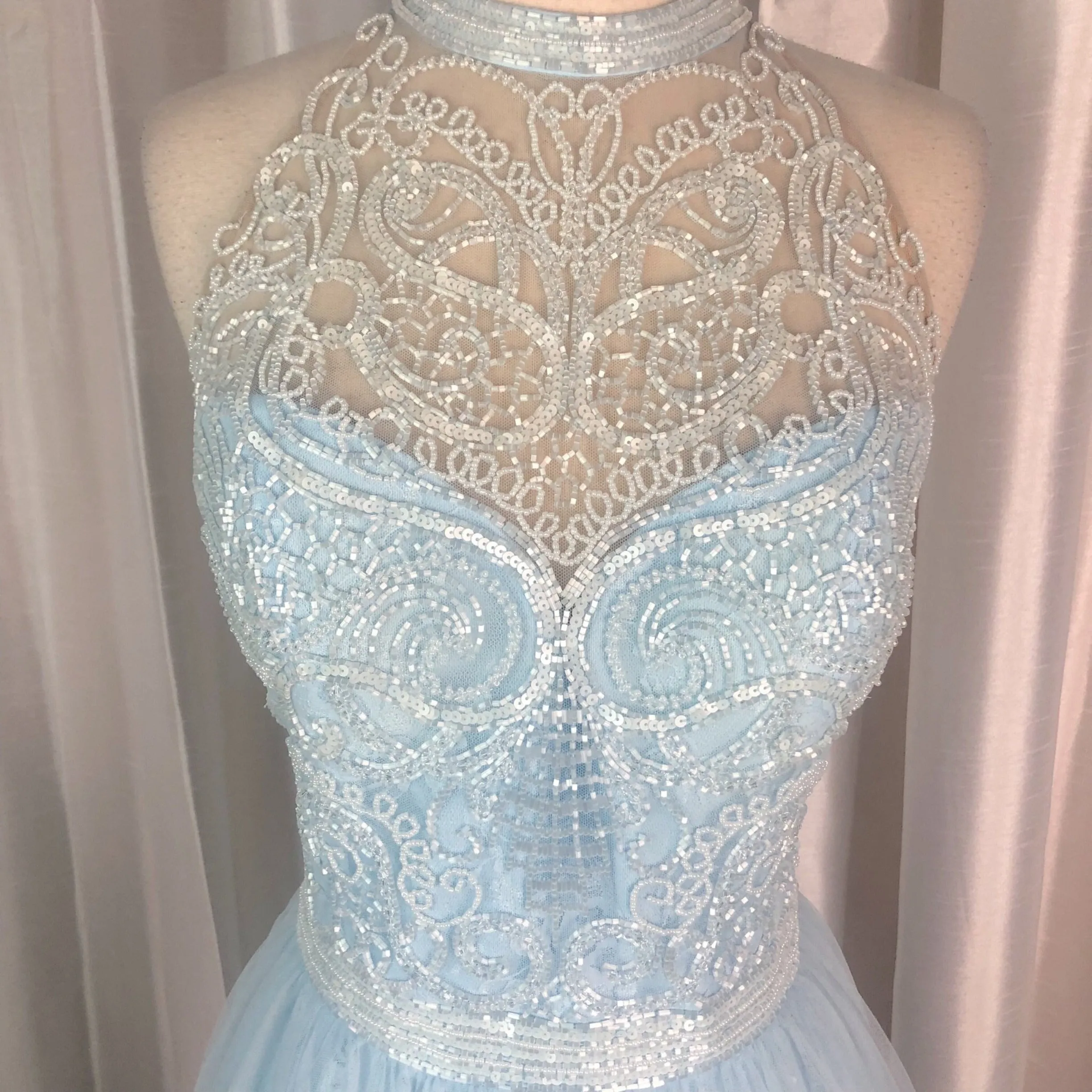 SHERRI HILL 50859 Light Blue V-Neck Satin with Ivory Beaded Bodice Dress Size 16