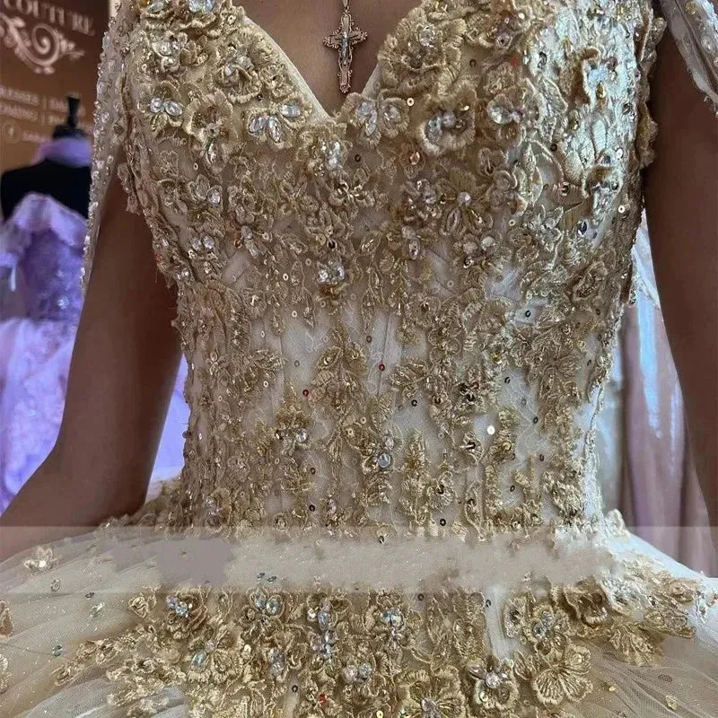 Shiny Champagne Quinceanera Dresses Luxury Birthday Party Ball Gown Sweetheart Beading Appliques Corset Court Train