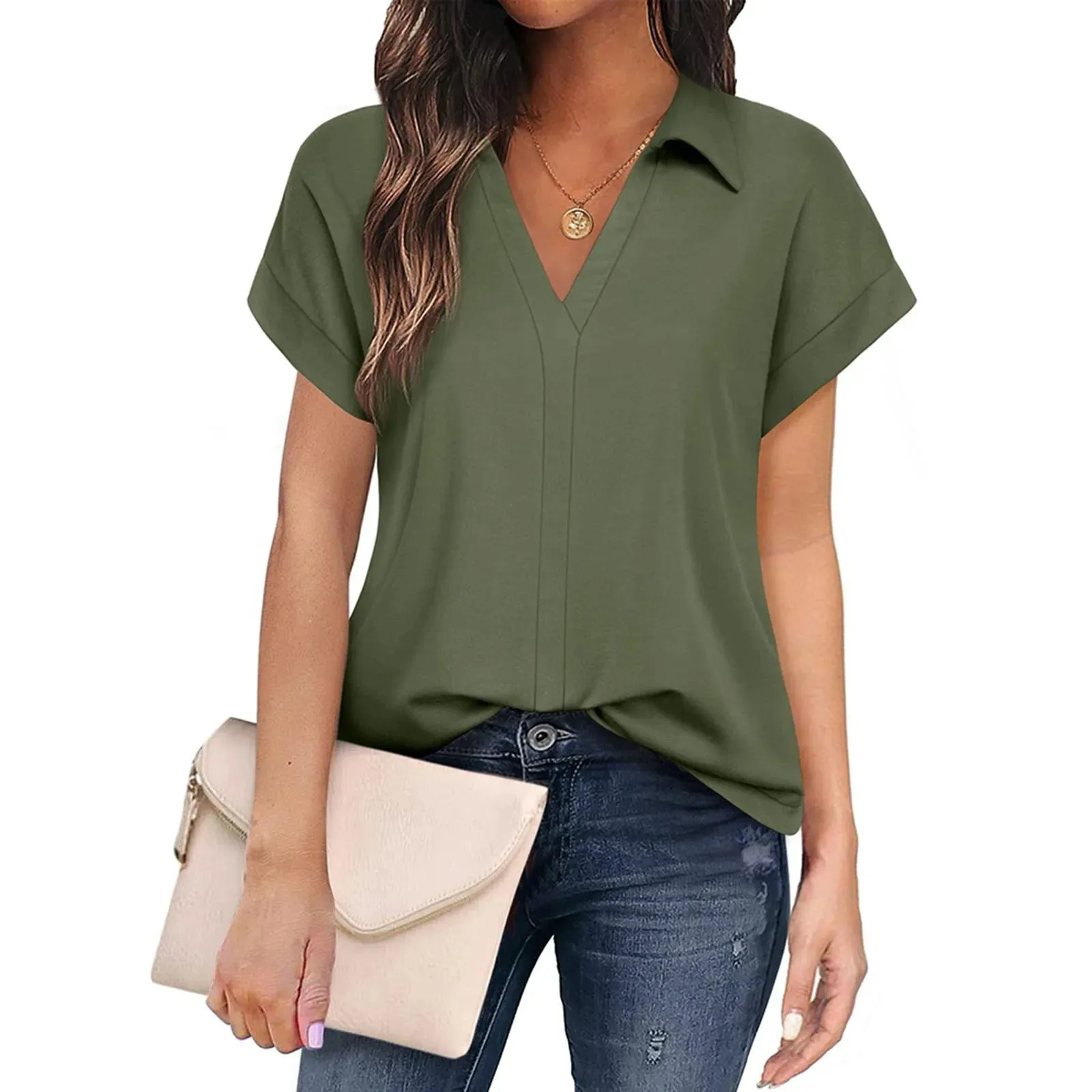 Shirts & Blouses Women'S Short Sleeve With V Neck Tunic Elegant Women'S Blouses Casual Blouse Blusas Elegantes Para Mujer 2024
