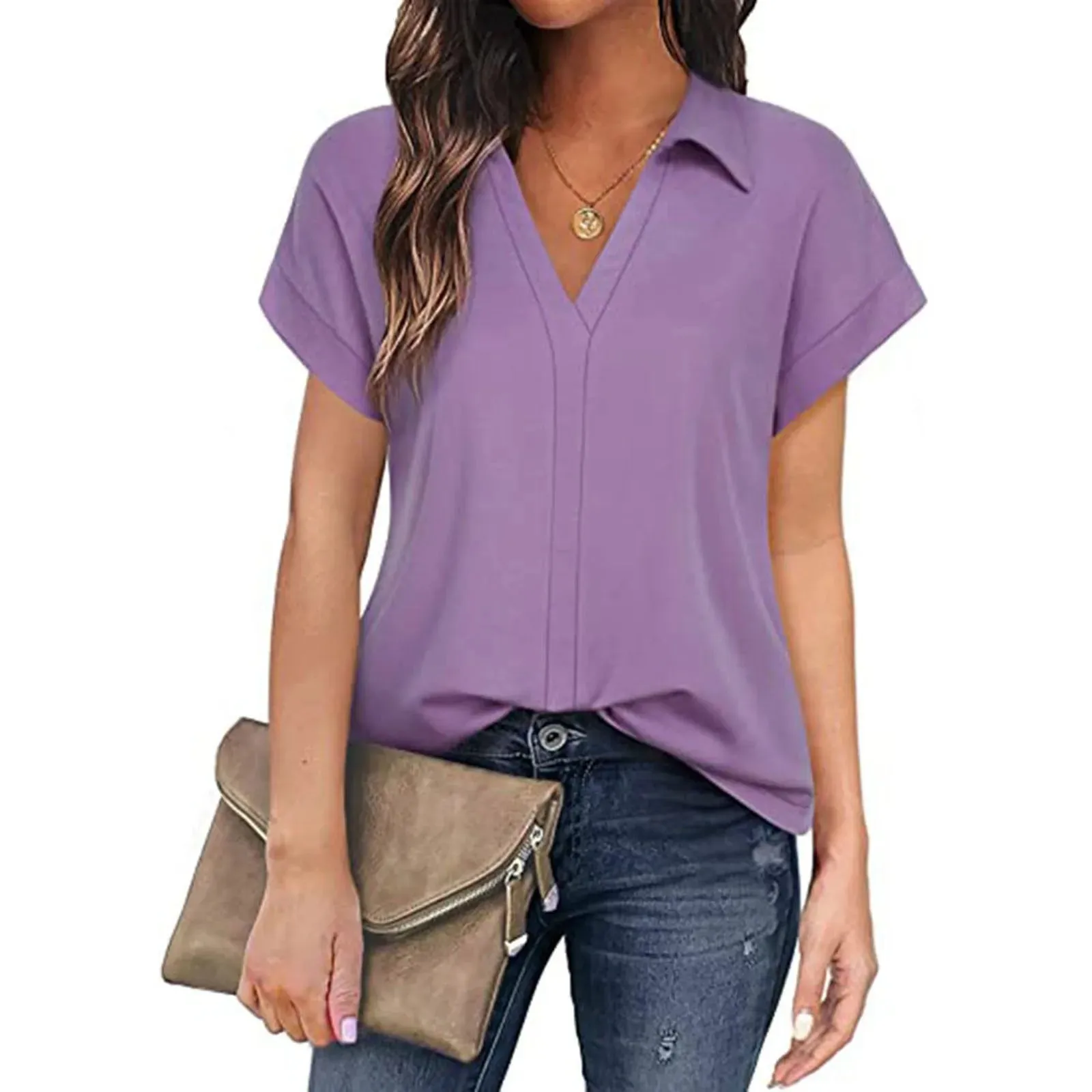 Shirts & Blouses Women'S Short Sleeve With V Neck Tunic Elegant Women'S Blouses Casual Blouse Blusas Elegantes Para Mujer 2024