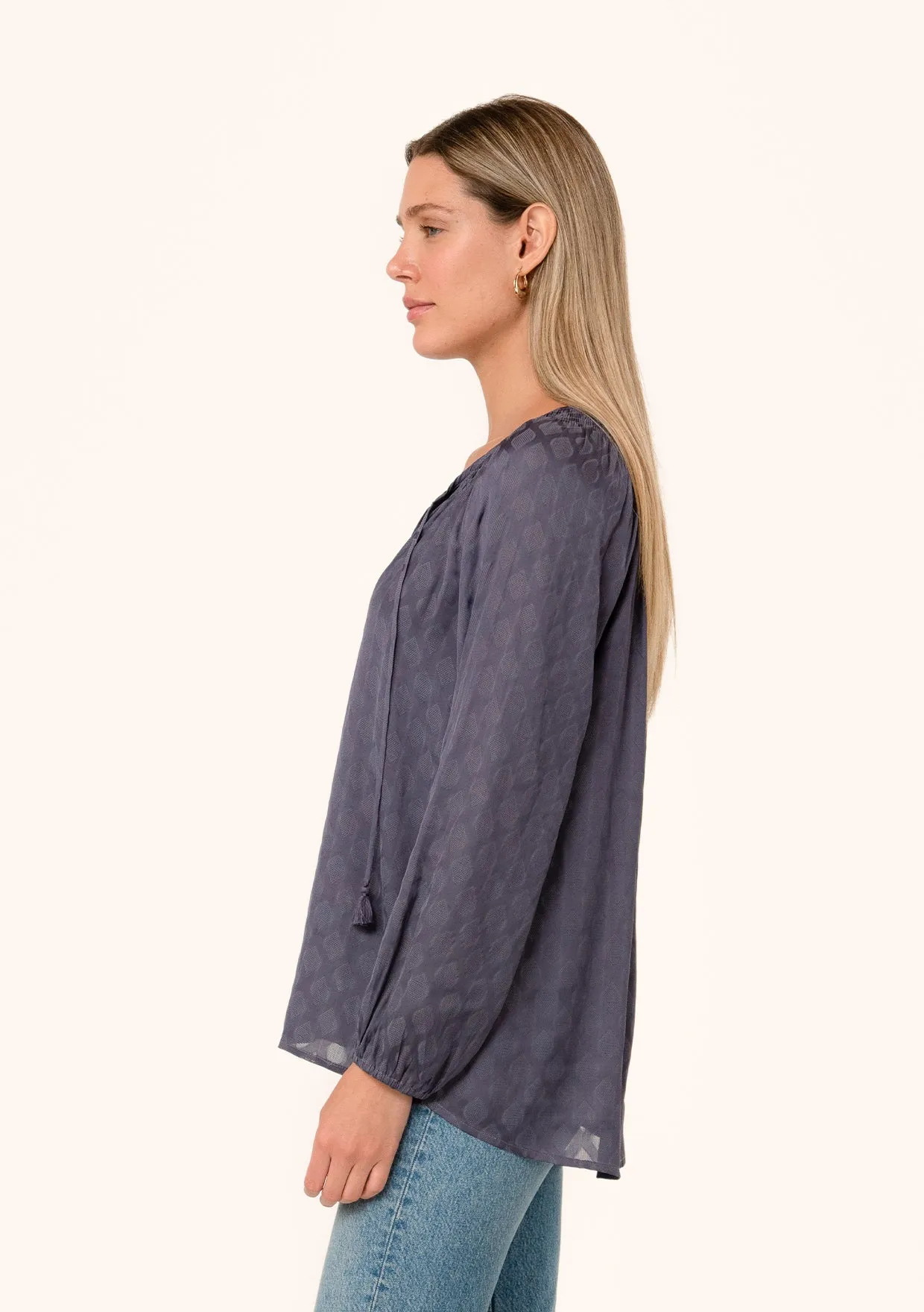 Silky Long Sleeve Smocked Tie Neck Blouse