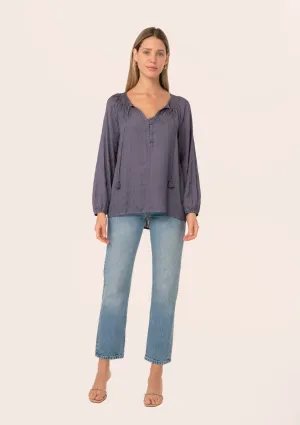 Silky Long Sleeve Smocked Tie Neck Blouse
