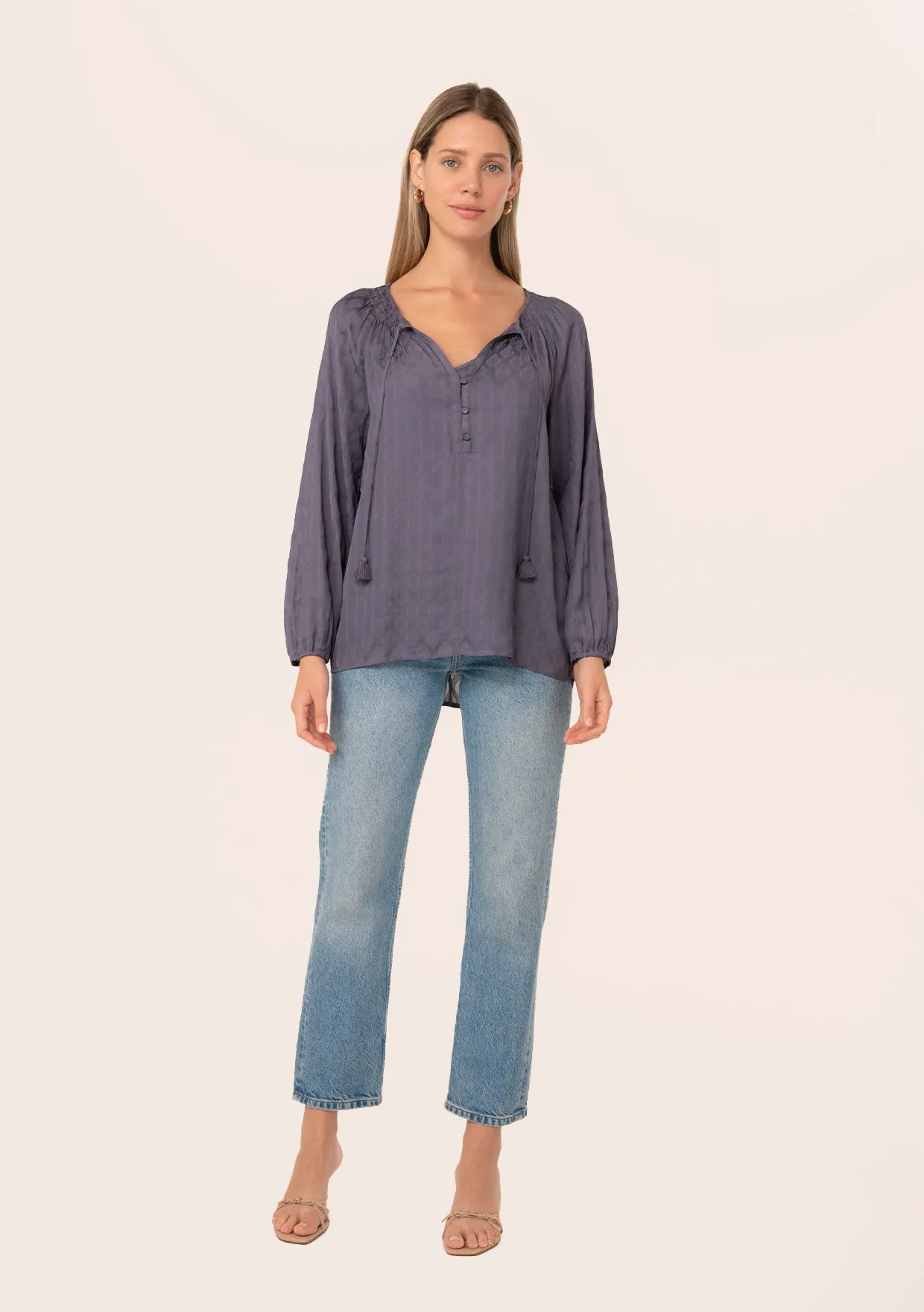 Silky Long Sleeve Smocked Tie Neck Blouse