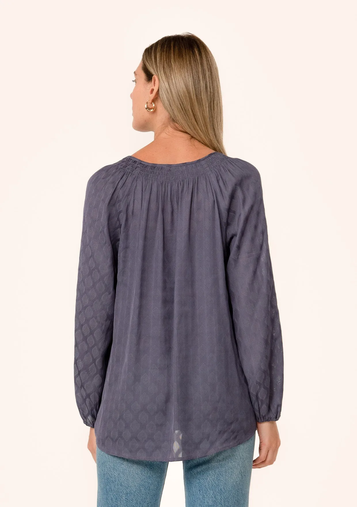 Silky Long Sleeve Smocked Tie Neck Blouse