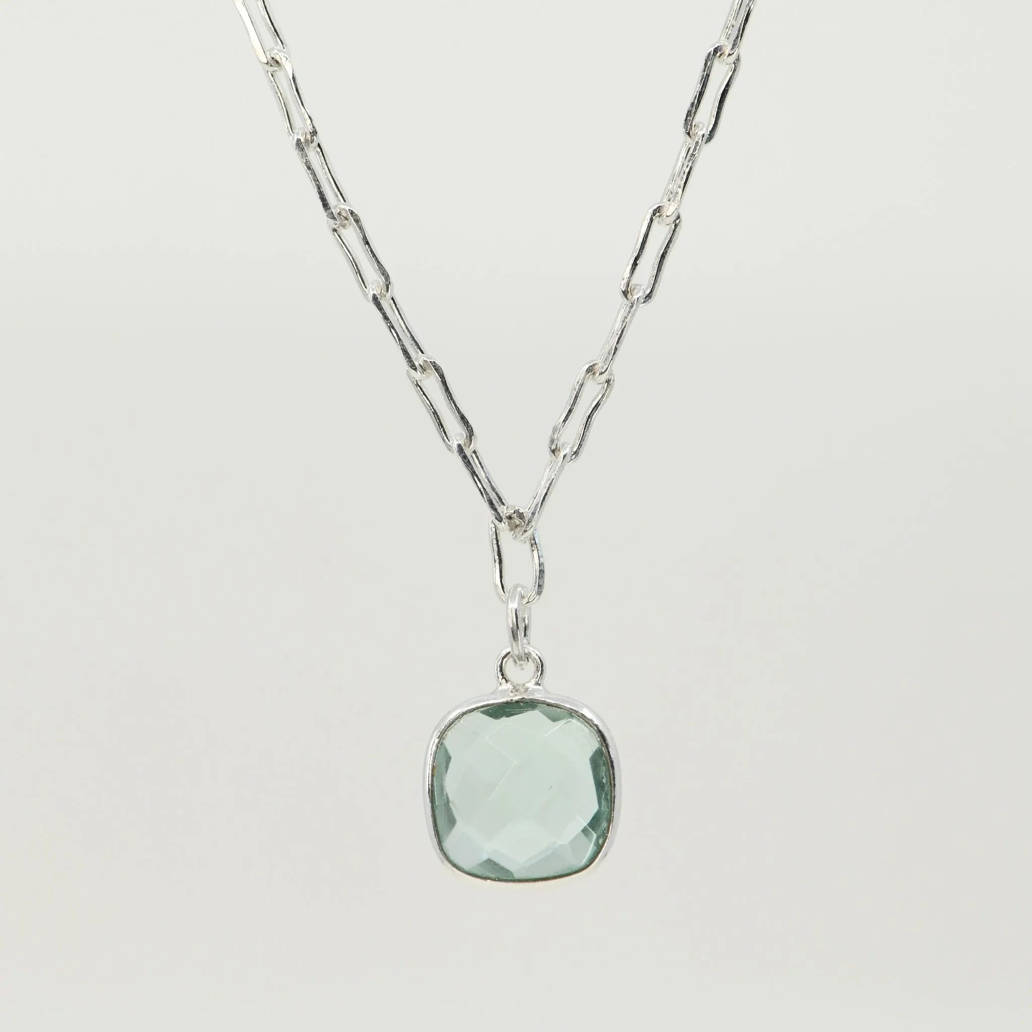 Silver Aquamarine Square Necklace | Sterling Silver Paperclip Chain