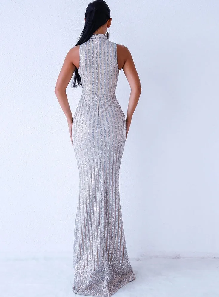 Silver Sleeveless Evening Gown