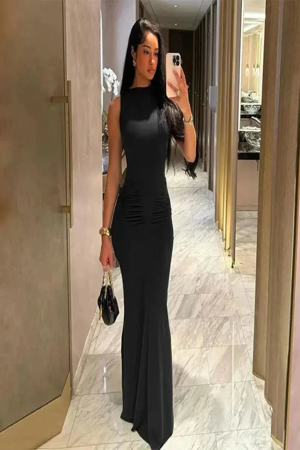 Simple O-Neck Sheath Ruched Dress