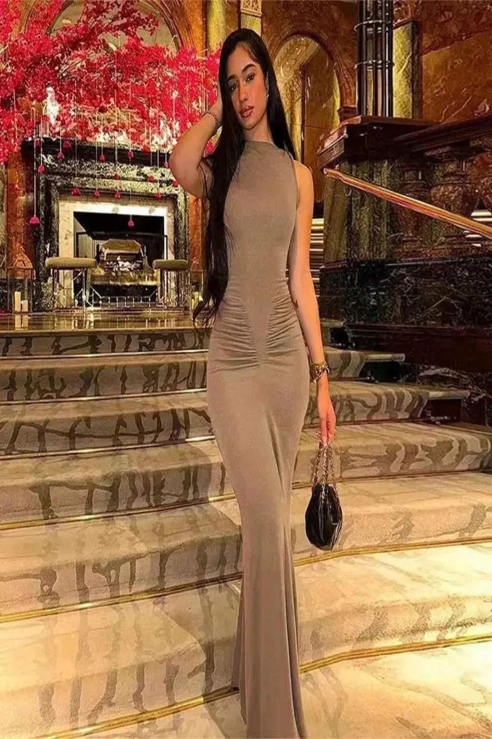 Simple O-Neck Sheath Ruched Dress