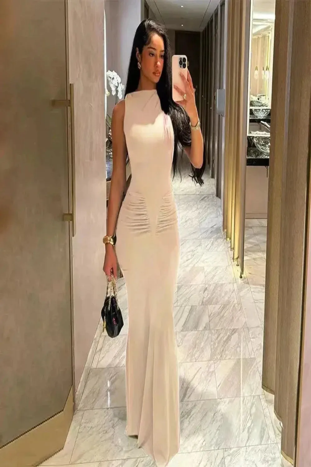 Simple O-Neck Sheath Ruched Dress