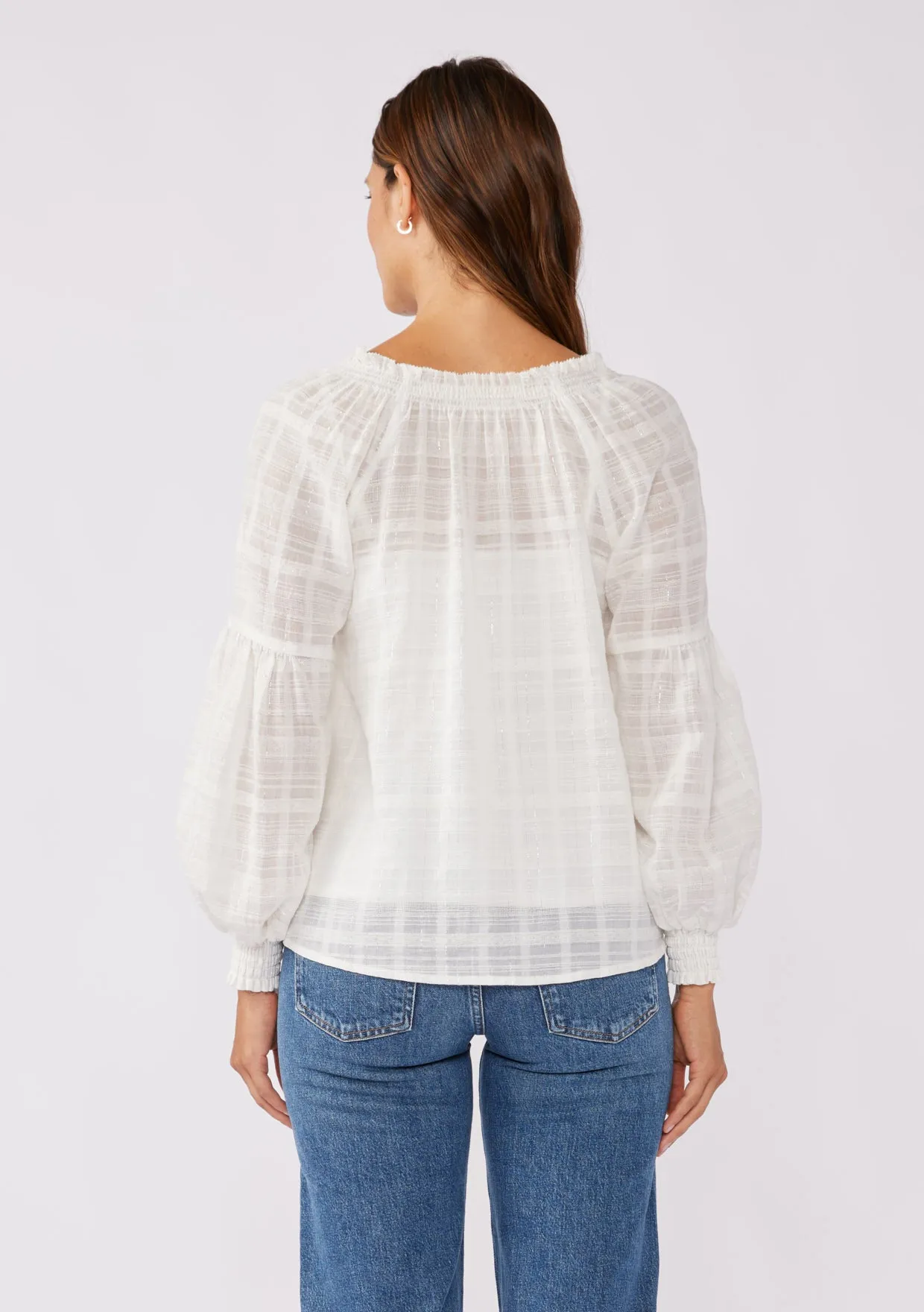 Smocked Split Neck Long Sleeve Blouse